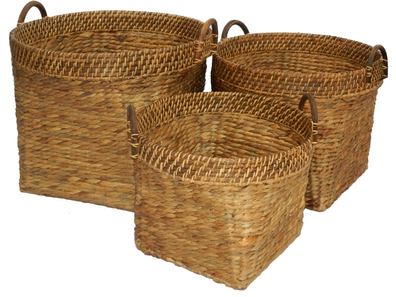 Refined Water Hyacinth Basket with Rattan Rim - Handwoven Nesting Storage Baskets